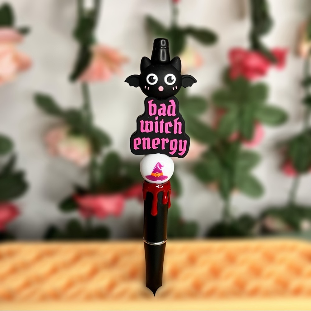 Bad Witch Energy Kawaii Bat Handmade Beaded Pen Halloween Emo Goth